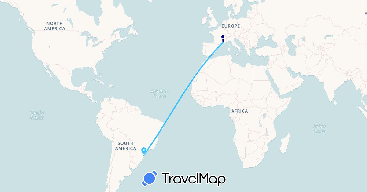 TravelMap itinerary: driving, boat in Brazil, France (Europe, South America)
