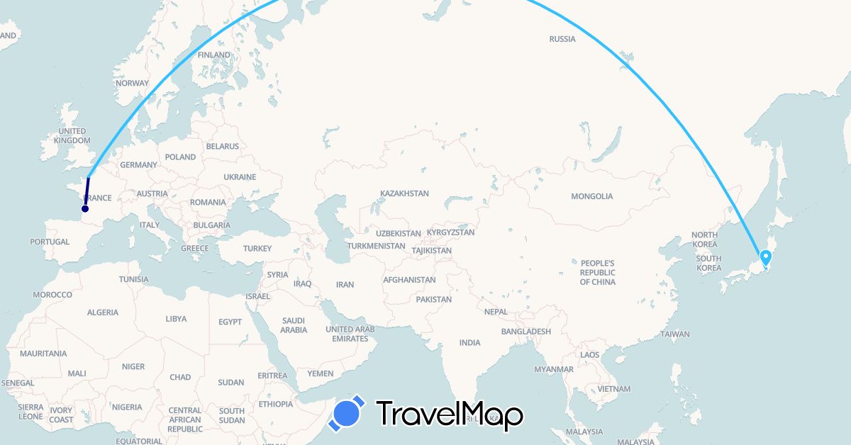 TravelMap itinerary: driving, boat in France, Japan (Asia, Europe)